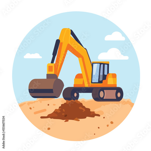 Digger and Soil Flat Vector Illustration with Construction Equipment for Excavation Projects