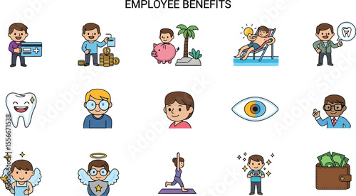 Employee Benefits Icon Set: Health, Retirement & Perks