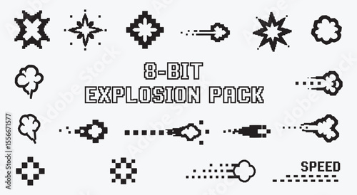 8-Bit Explosion Pack. Pixel Art FX. Retro video game sprite set with blasts, smoke puffs, and speed effects for animation, games, or icons.