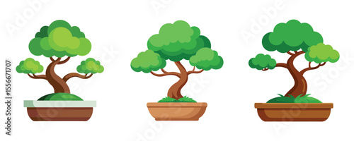 Cartoon Bonsai Trees in Pots: Vibrant Green Foliage, Brown Trunks, Simple Style, Peaceful Mood