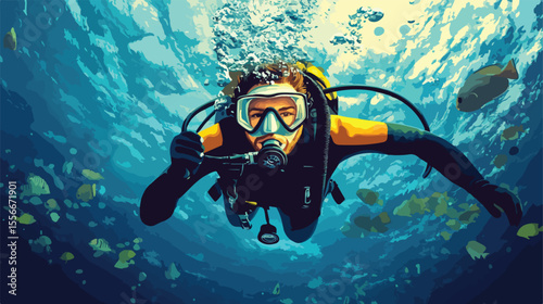 Underwater Diver with Snorkel Flat Vector Illustration