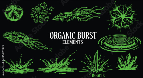 Organic Burst Elements. Green Neon Effects. Vector set with glowing crystal explosions, thorns, and splashes for sci-fi or fantasy game vfx.