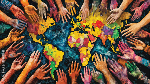 Worldwide Diversity Concept with Hands Around Globe - Flat Vector Illustration