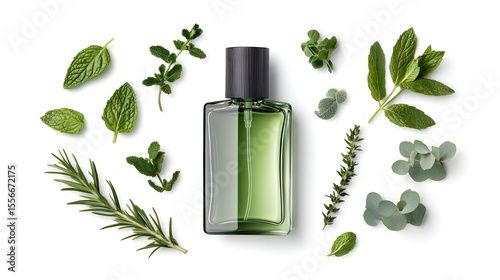 Aromatic Herbal Perfume Bottle Surrounded by Fresh Green Herbs and Leaves