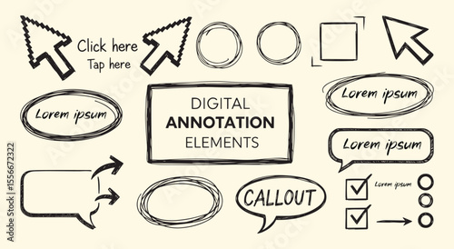 Digital Annotation Elements. Hand Drawn Scribble Set. Vector pack with cursors, callouts, and highlight frames for video tutorials or presentations.