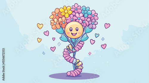 DNA Structure with Bouquet Mascot Cartoon Vector Illustration