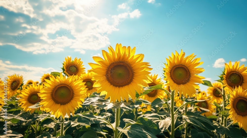 Obraz premium Bright yellow sunflowers blooming in a sunny vibrant blue sky