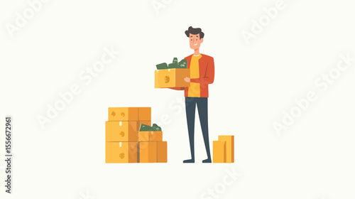 Cartoon Flat Vector Illustration of Man Making Donation in Cart with Positive Impact