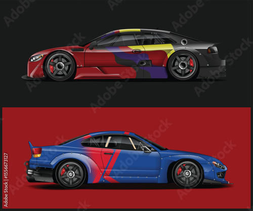 Two Racing Cars with Colorful Wraps Digital illustration