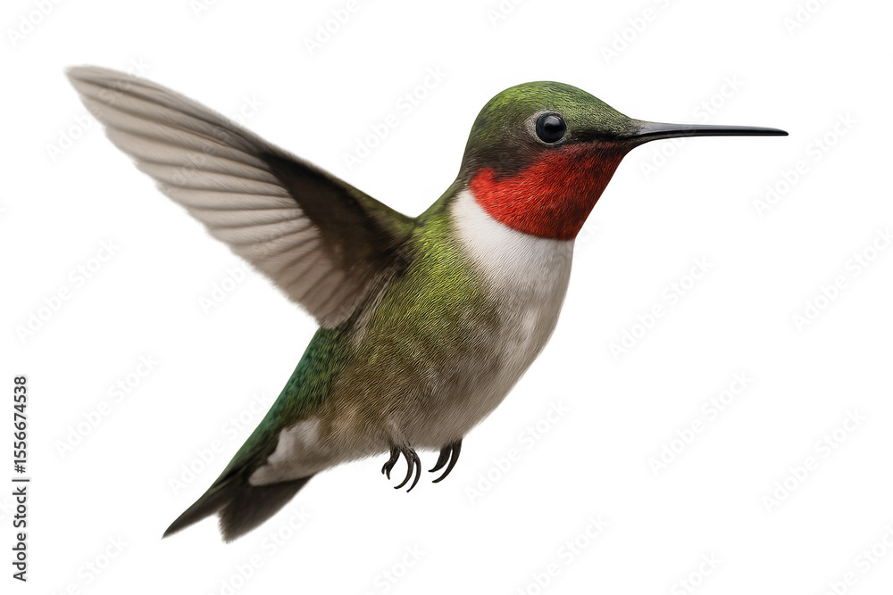 Fototapeta premium Ruby-throated hummingbird hovering with spread wings, transparent isolated background