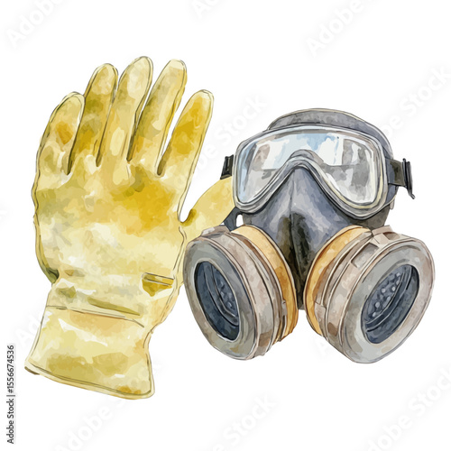 Safety Gloves And Mask, watercolor vector, isolated on a white background.