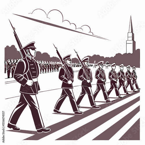 Soldiers Marching in Formation with Rifles. Military Parade Illustration in Monochromatic Style.