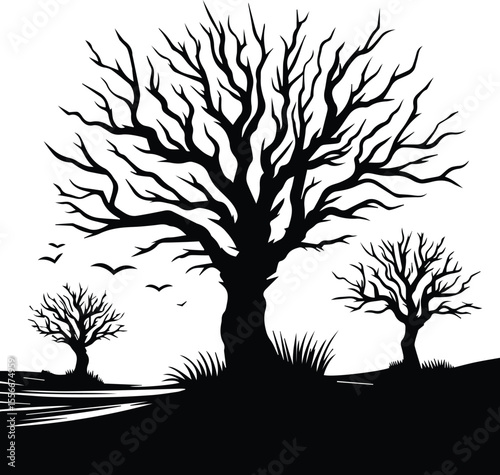 Tree of Life Silhouette, Leafless Tree in Circle Shape on White Background.