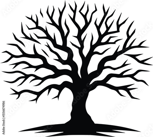 Tree of Life Silhouette, Leafless Tree in Circle Shape on White Background.
