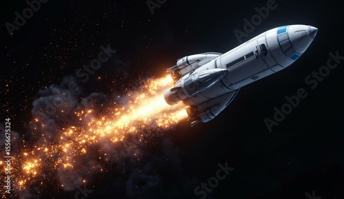 Spacecraft Launching with Fiery Exhaust in Deep Space