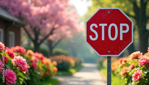A vibrant red stop sign abruptly halts a scene of idyllic, blooming flowers, creating a striking contrast between beauty and halt , serenity, spring, flowers
