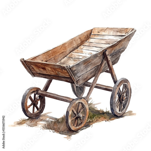 Rustic Wooden Wheelbarrow, watercolor vector, isolated on a white background.