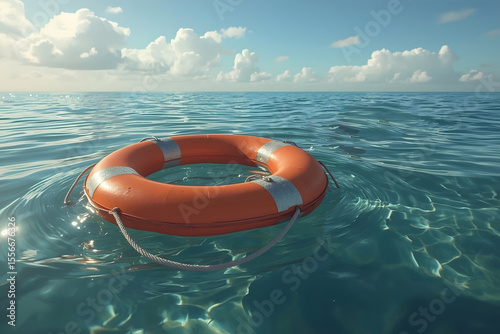 Life buoy or rescue buoy floating on sea to rescue people from drowning man.