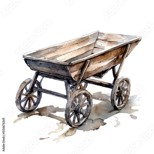 Rustic Wooden Wheelbarrow, watercolor vector, isolated on a white background.