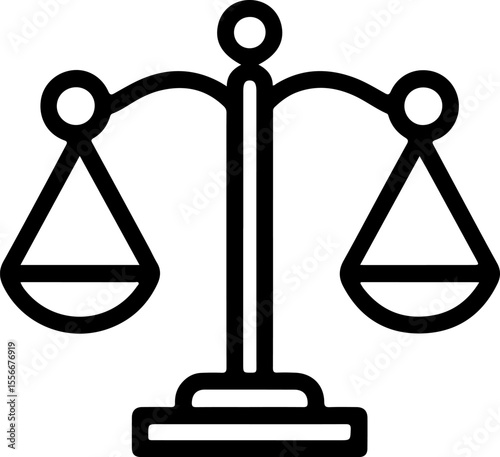 Simple black line drawing of a balanced scale of justice on a white background
