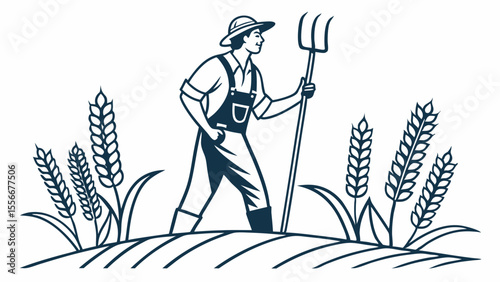 Vintage Farmer in Wheat Field Holding Pitchfork Illustration