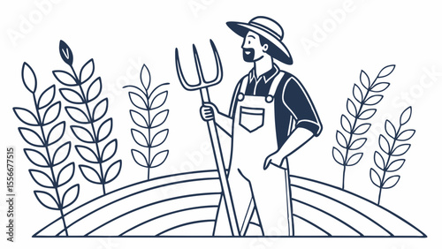Farmer with Pitchfork in Wheat Field - Line Art Illustration