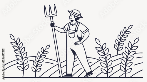 Farmer with Pitchfork Standing in Agricultural Field Line Art Illustration