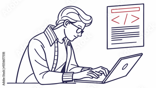 Developer Coding on Laptop. Line Art Illustration of Programmer Working on Computer. Software Development & Web Design Concept.