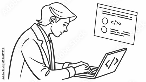 Software Developer Coding on Laptop with Digital Interface. IT Professional at Work. Line Art Illustration.