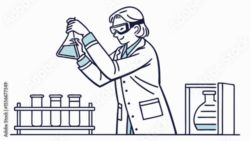 Scientist in Lab: Line Art Illustration of Researcher Holding Flask & Test Tubes for Chemistry Experiment