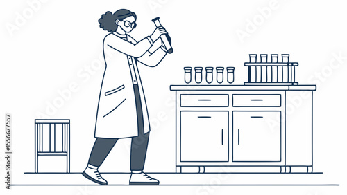 Scientist in Lab Coat with Test Tube - Research & Experiment Line Art Illustration