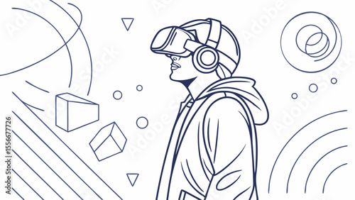 Person in VR Headset Exploring Digital Metaverse. Virtual Reality Experience with Abstract Elements. Line Art Illustration.