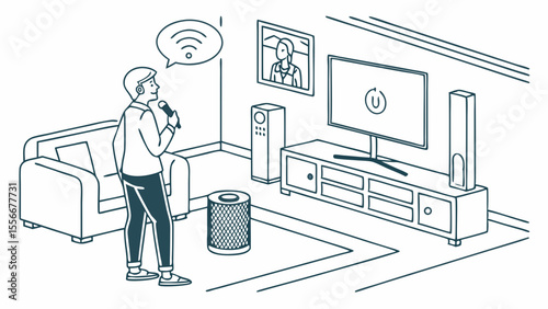 Smart Home Voice Control: Person Interacting with Connected Devices in a Modern Living Room via Wi-Fi Network