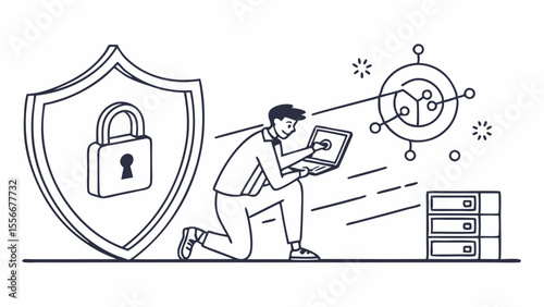 Cybersecurity and data protection concept. Man working on laptop with shield and servers. Digital network security illustration.
