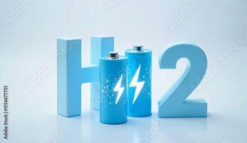 Hydrogen Energy Concept: H2 with Batteries and Lightning Symbols