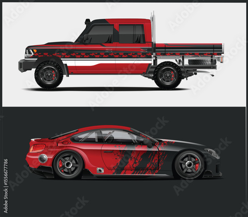 Red and Black Car Wrap Designs for Pickup Truck and Sports Car