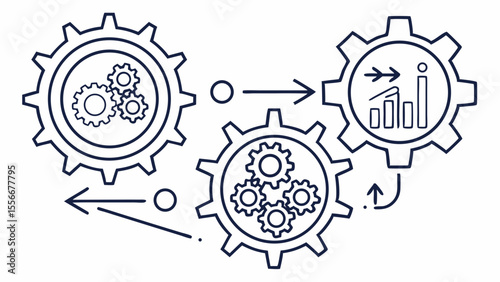 Process optimization, workflow automation, and data analysis concept with interconnected gears and growth chart icon.