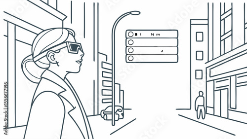 Woman with smart glasses interacting with augmented reality interface on city street. Futuristic urban technology concept.