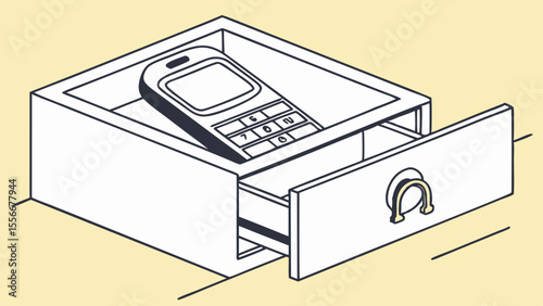 Retro Mobile Phone in Open Drawer Line Art Illustration