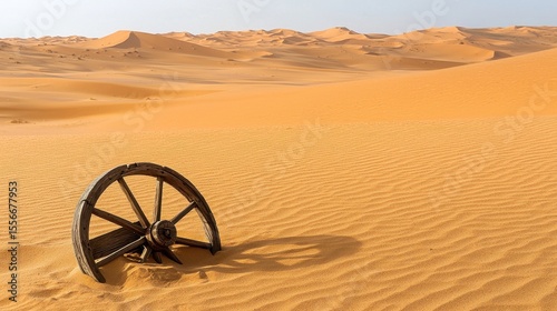 Ancient Wooden Wheel in a Vast Orange Desert Landscape A weathered relic rests in the sand dunes under a clear sky
