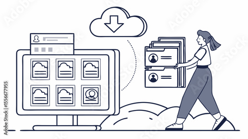 Person managing digital files and data with cloud storage. Online information transfer and organization concept.