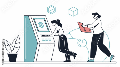 People using modern self-service kiosk for digital transactions and information access with assistance illustration