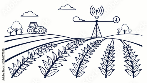 Smart Agriculture Concept: Tractor, Crops, and Wireless Technology in Field Line Art