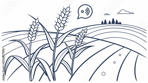 Line Art Wheat Field with Sound Icon. Smart Farming, Agricultural Technology, Rural Communication, and Crop Monitoring Illustration.