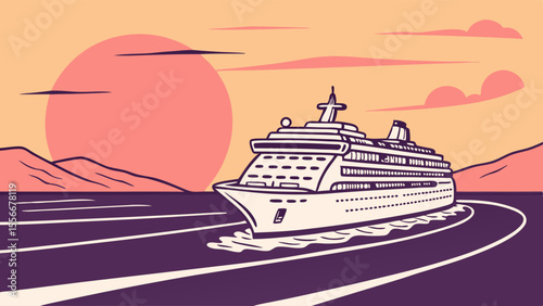 Luxury Cruise Ship Sailing on Calm Ocean at Sunset. Vector Illustration of a Liner on a Peaceful Sea with Mountains