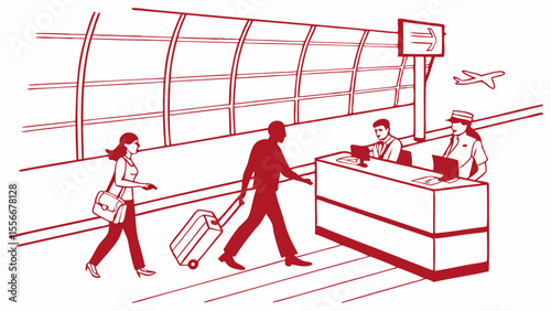 Travelers at airport check-in counter. Air travel, departure, and journey illustration.