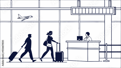 Minimalist Airport Scene: Travelers with Luggage at Check-in Counter, Airplane in Background. Travel and Tourism Concept.
