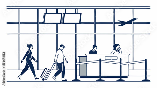 Airport Terminal Scene: Travelers, Check-in Desk, and Airplane. Minimalist Line Art Travel Illustration.
