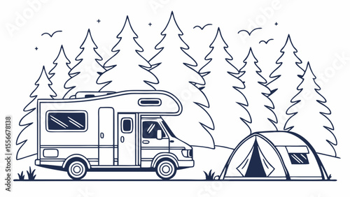 RV and Tent Camping in Pine Forest. Outdoor Adventure Line Art Illustration