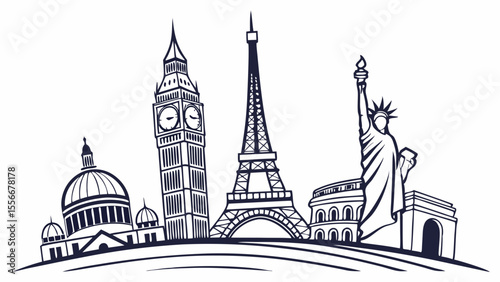 Global City Landmarks Outline. Famous Travel Destinations Skyline Line Art Illustration.